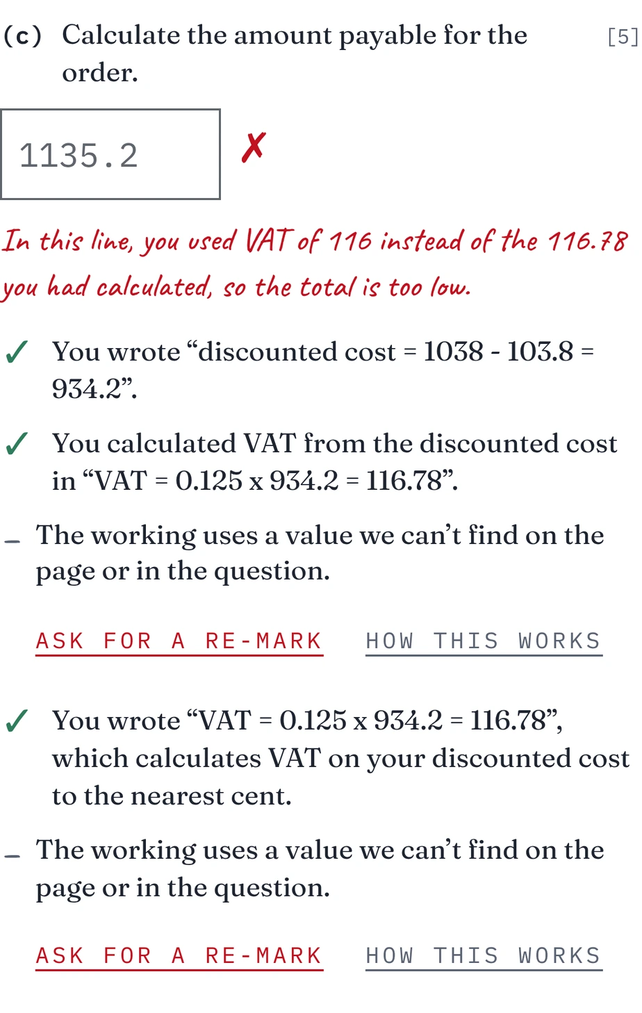A marked answer in ExtraLesson. Part (c), "Calculate the amount payable for the order", worth 5 marks: the typed answer 1135.2 has a red cross. Beneath it, in red handwriting: "In this line, you used VAT of 116 instead of the 116.78 you had calculated, so the total is too low." Then the method marks: three ticked in green for the discounted cost of 934.2 and the VAT of 116.78, and two not awarded, each with a link to ask for a re-mark.